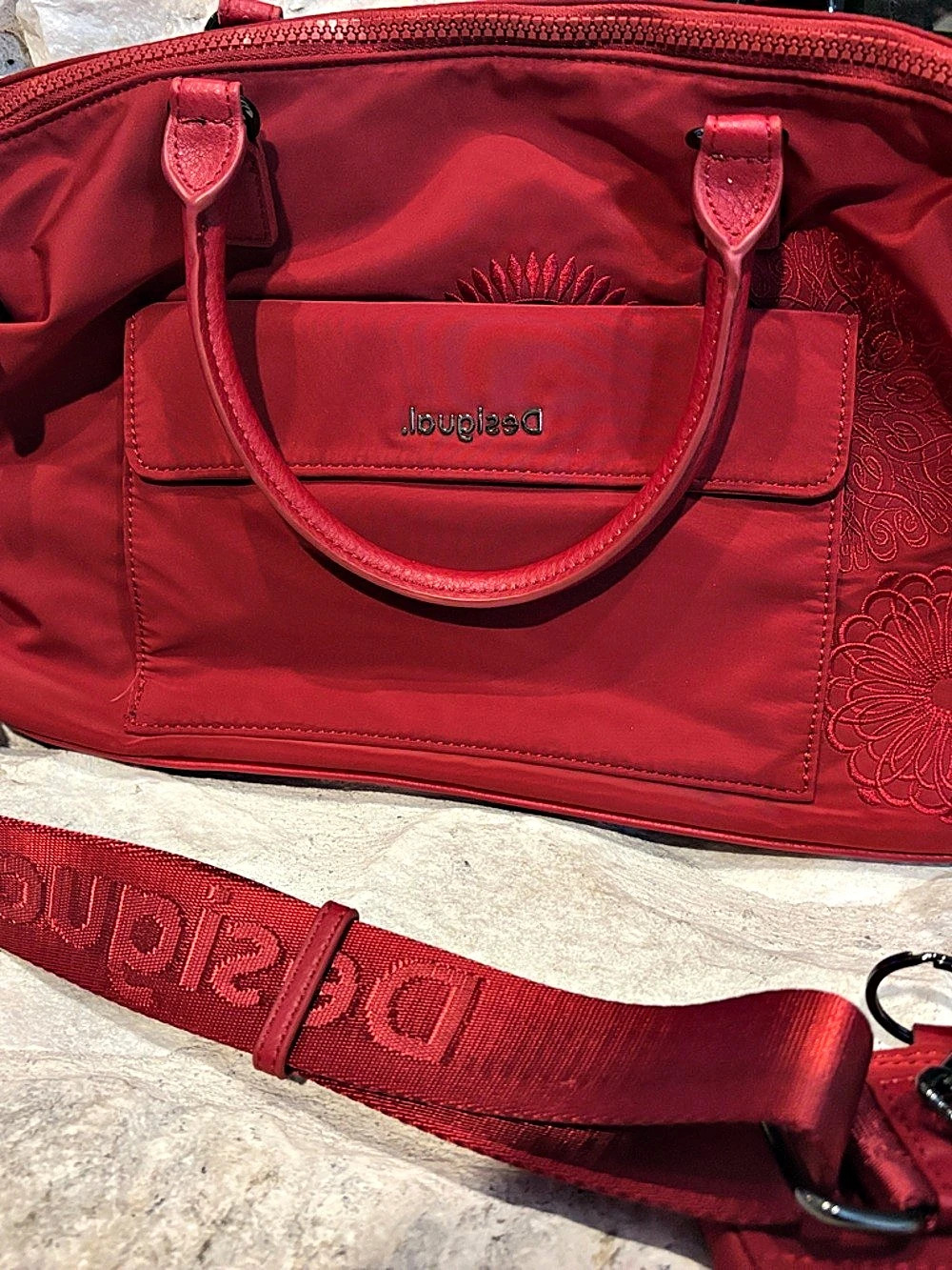 Desigual Red Nylon Embroidered Shoulder Bag Laptop Tote Bag